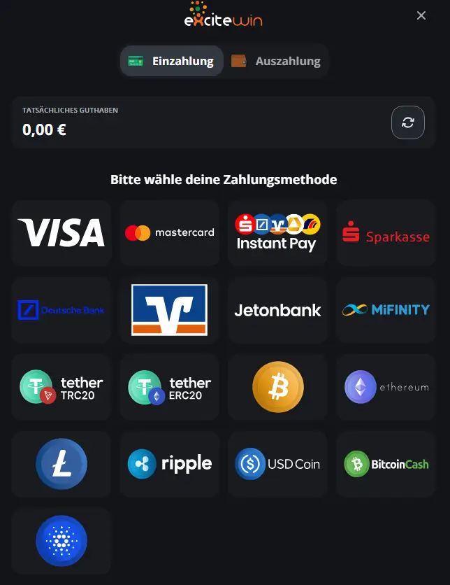 ExciteWin Zahlungsmethoden zum Einzahlen