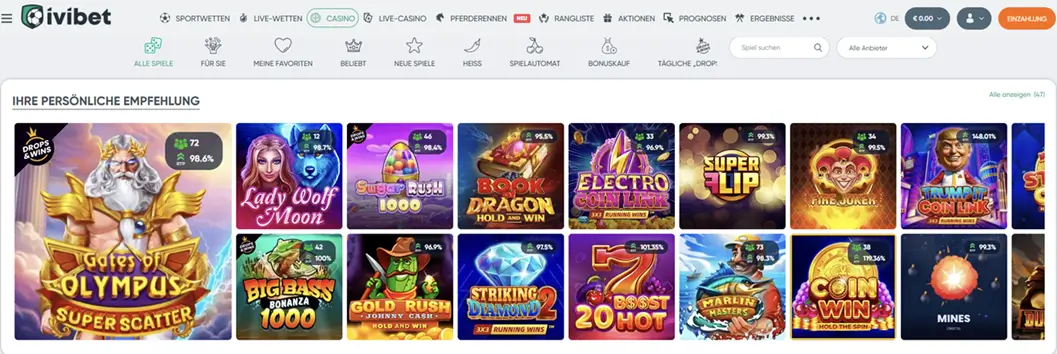 Menüaufbau und Slot Auswahl im Ivibet Casino
