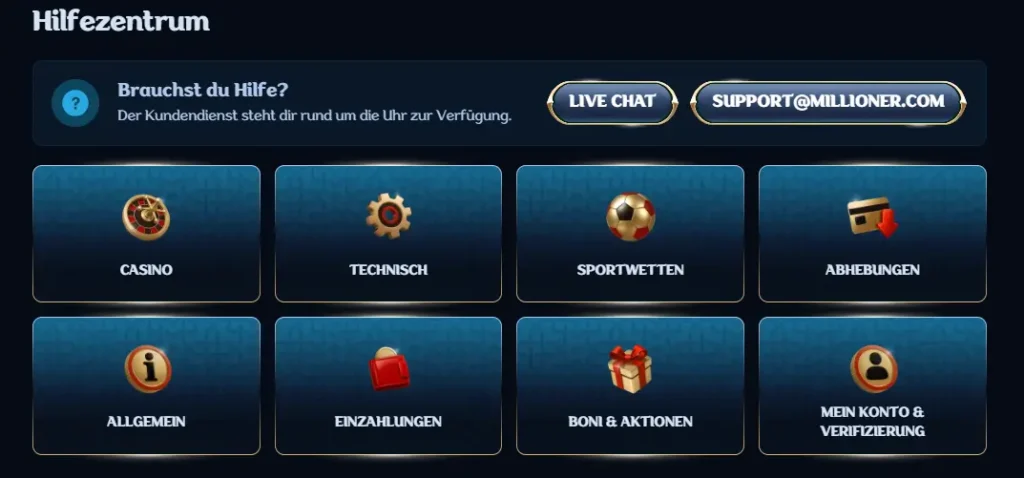 Hilfezentrum, FAQ und Live Chat im Millioner Online Casino