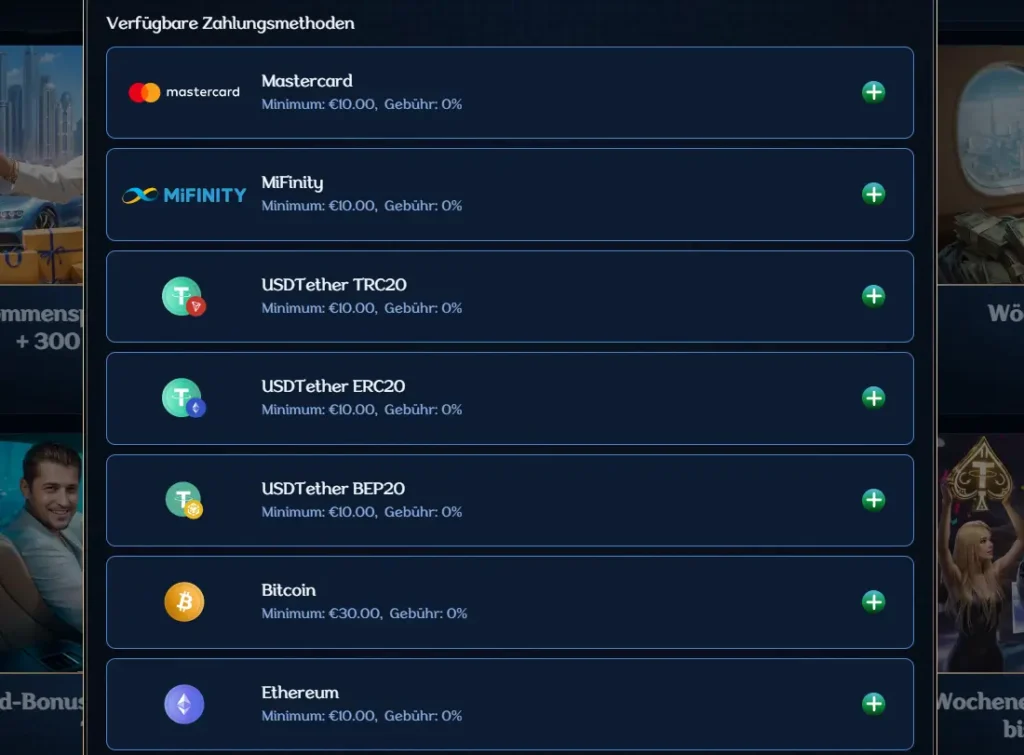 Auszug der Zahlungsmethoden im Millioner Online Casino