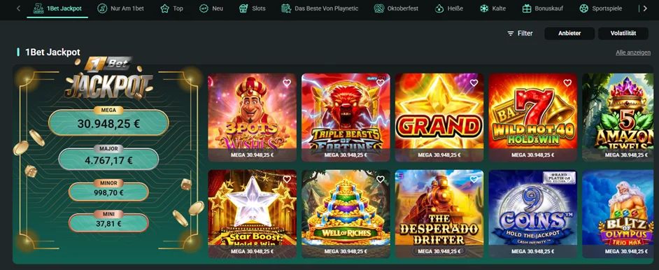 Jackpotslots im 1Bet Online Casino
