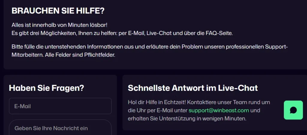 Hilfezentrum mit E-Mail und Live Chat im Winbeast Casino